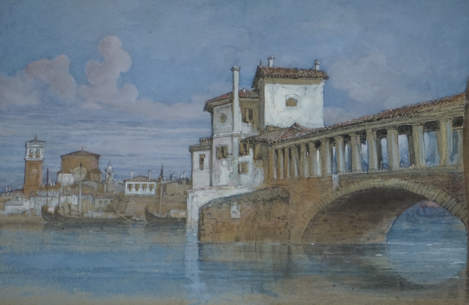 W. Clarkson Stanfield, heightened watercolour, 'The Bridge at Pavia', unsigned, label verso, 24 x 35cm. Condition - fair